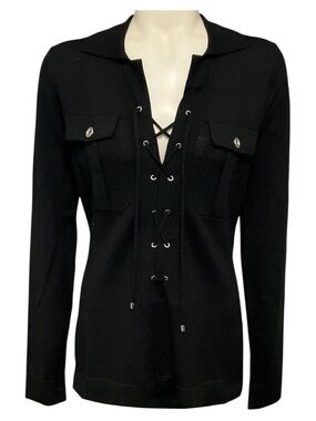 BARBARA BUI BLACK MERINO WOOL KNIT SAFARI SWEATER